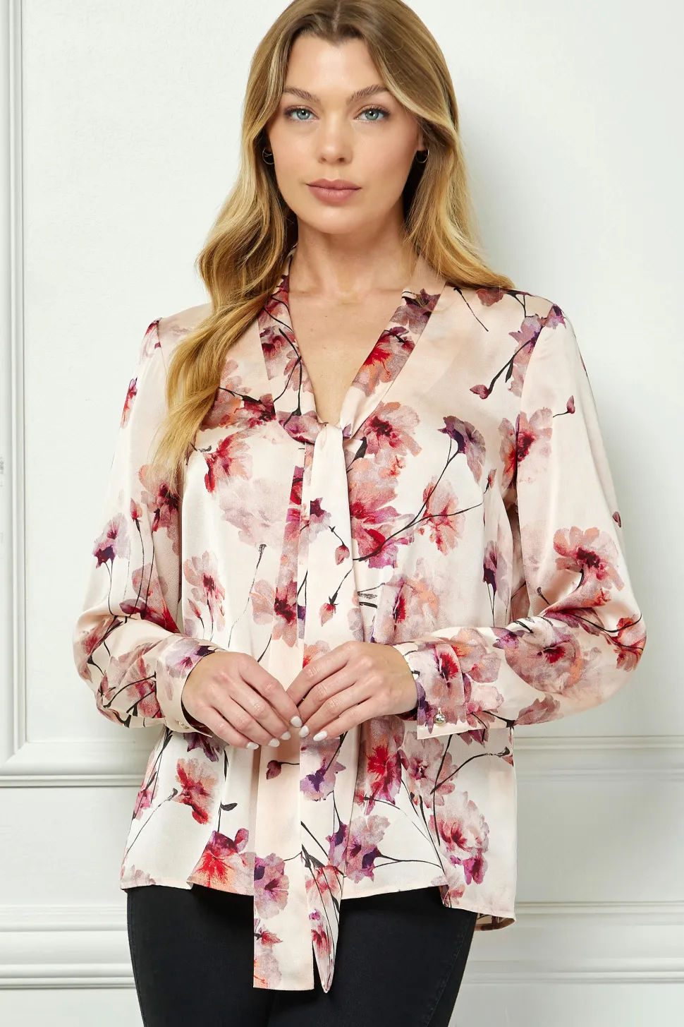 Long Cuff Sleeve Tie Neck Button Blouse in Pink