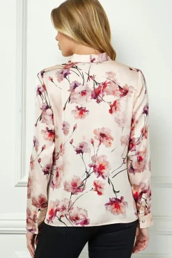 Long Cuff Sleeve Tie Neck Button Blouse in Pink