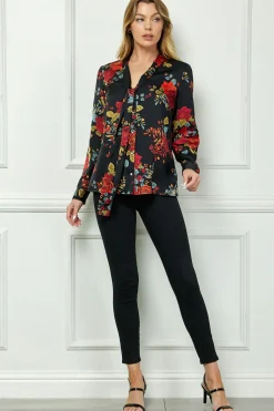 Long Cuff Sleeve Tie Neck Button Blouse in Black
