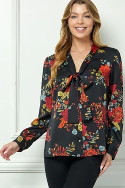Long Cuff Sleeve Tie Neck Button Blouse in Black