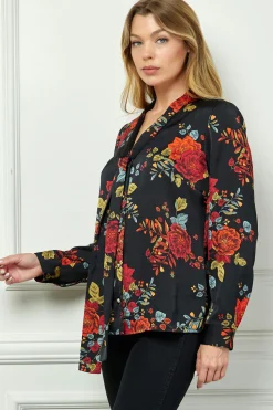Long Cuff Sleeve Tie Neck Button Blouse in Black