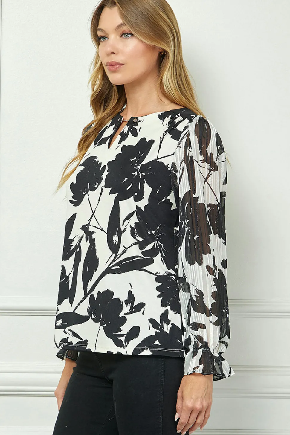 Long Ruffle Sleeve Cutout Trim Front Neck Mix Media Blouse