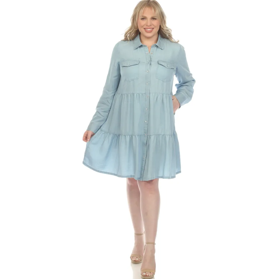 Long Sleeve Tiered Midi Shirt Dress - Plus