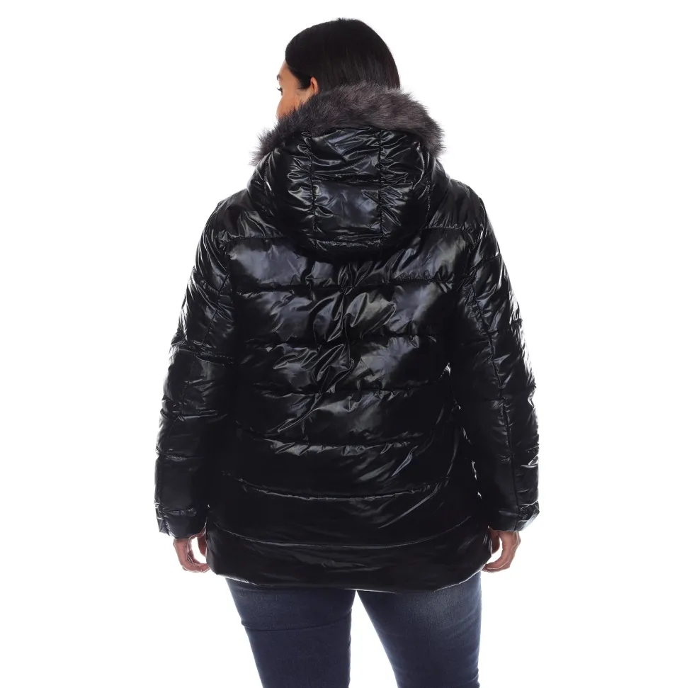 Metallic Puffer Coat with Hoodie - Plus