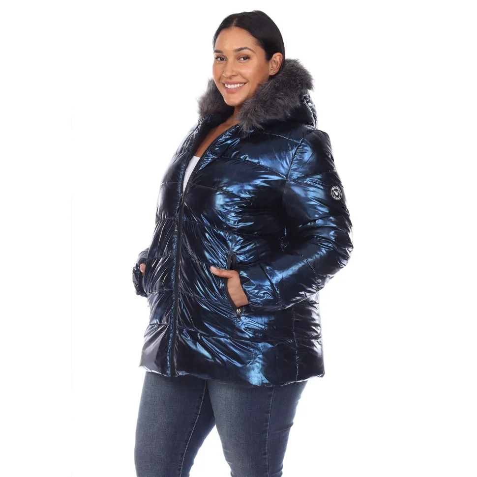Metallic Puffer Coat with Hoodie - Plus