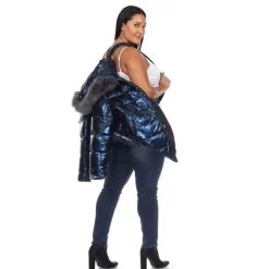 Metallic Puffer Coat with Hoodie - Plus