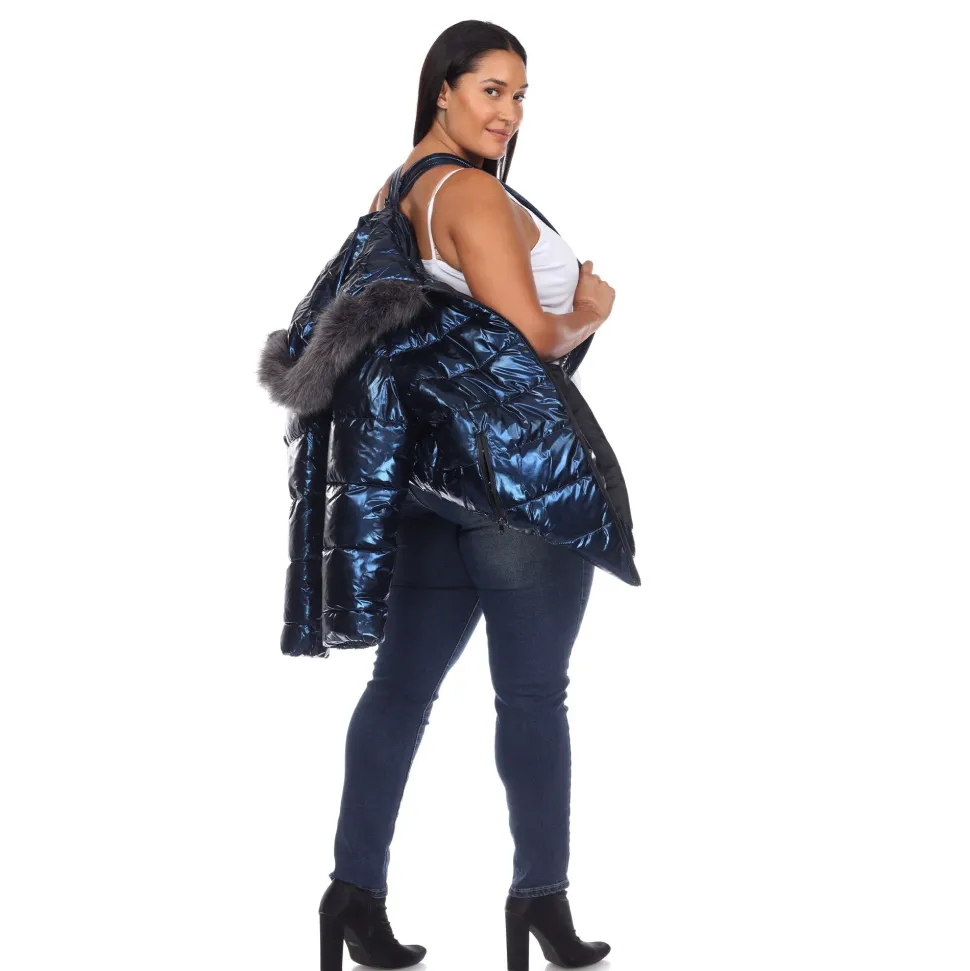 Metallic Puffer Coat with Hoodie - Plus