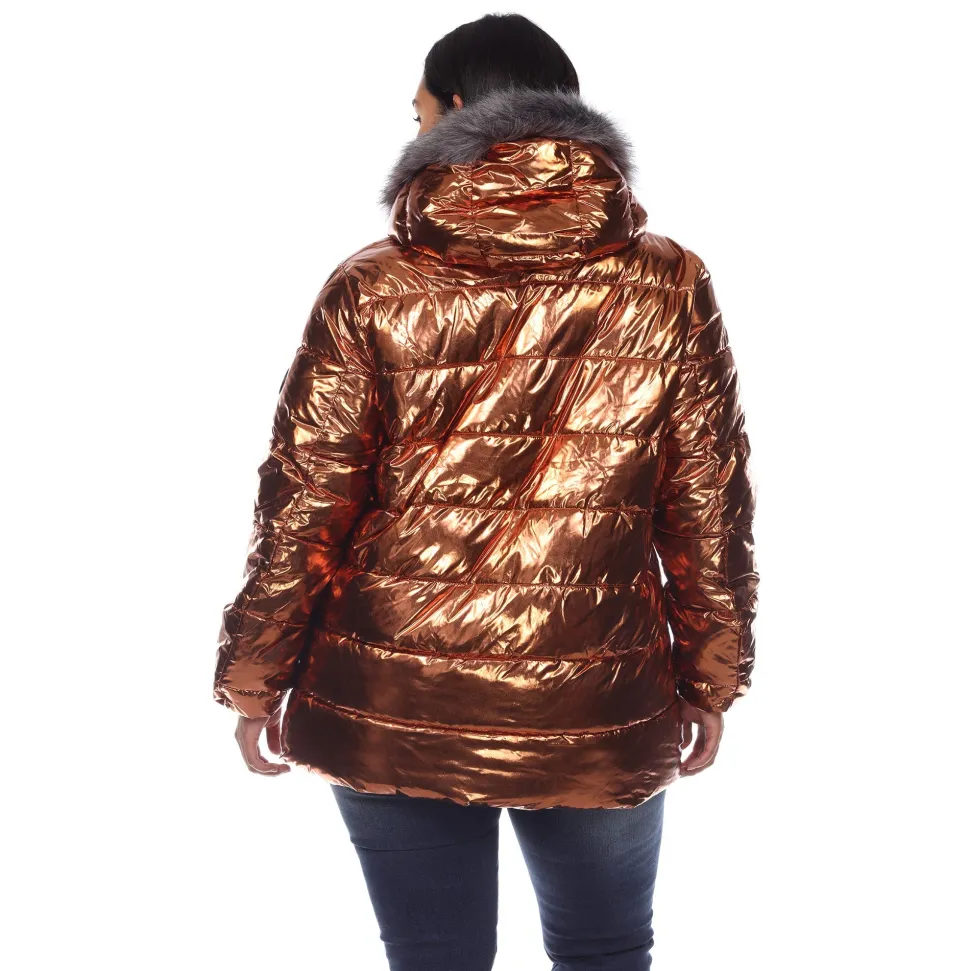 Metallic Puffer Coat with Hoodie - Plus