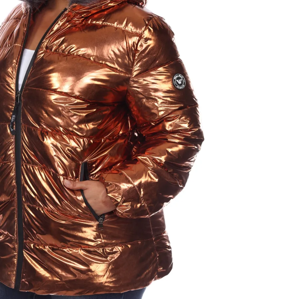 Metallic Puffer Coat with Hoodie - Plus
