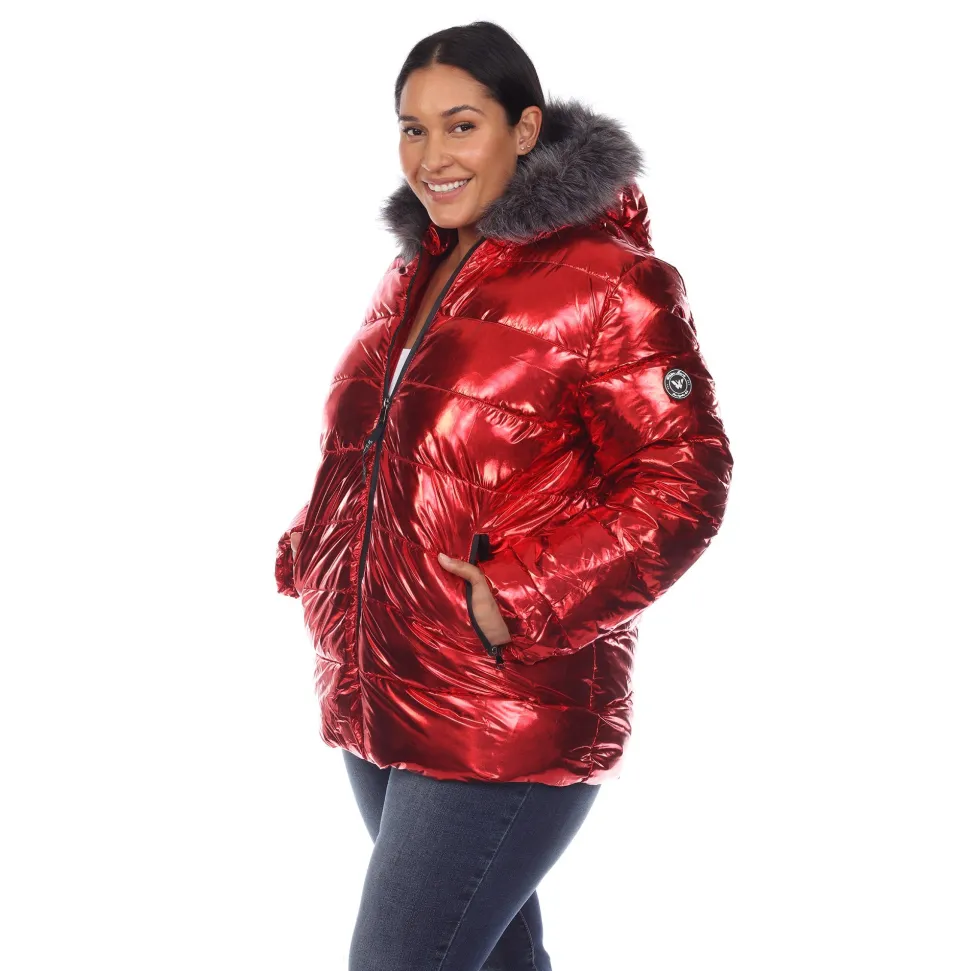 Metallic Puffer Coat with Hoodie - Plus