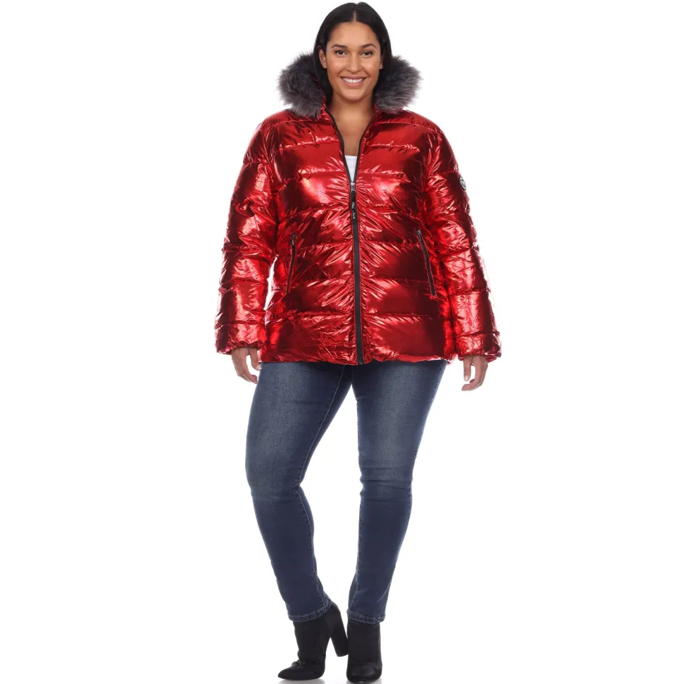 Metallic Puffer Coat with Hoodie - Plus