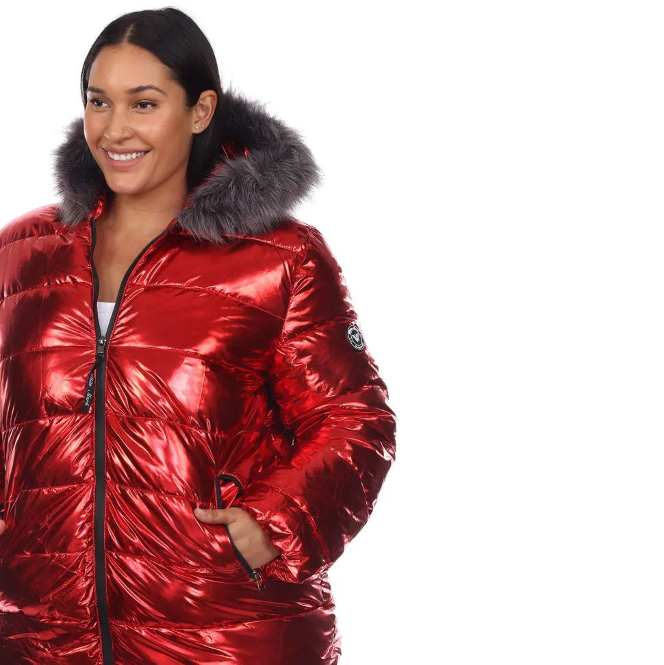 Metallic Puffer Coat with Hoodie - Plus