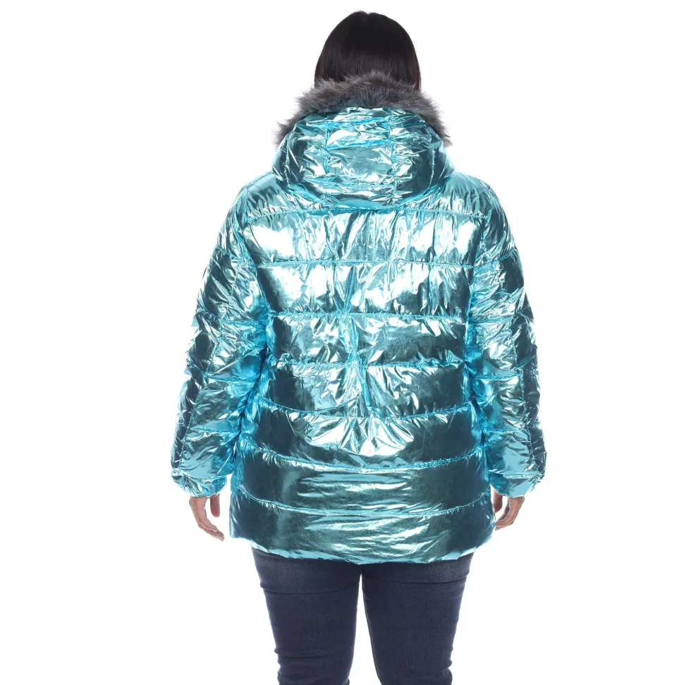 Metallic Puffer Coat with Hoodie - Plus