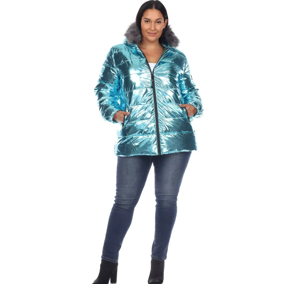 Metallic Puffer Coat with Hoodie - Plus