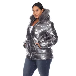 Metallic Puffer Coat with Hoodie - Plus
