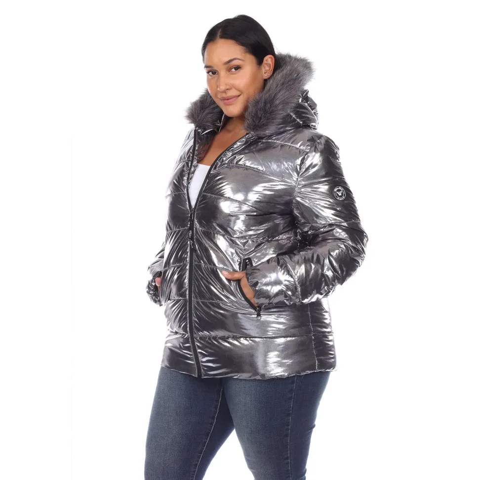 Metallic Puffer Coat with Hoodie - Plus