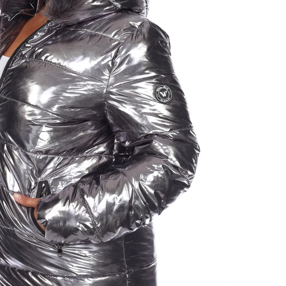 Metallic Puffer Coat with Hoodie - Plus