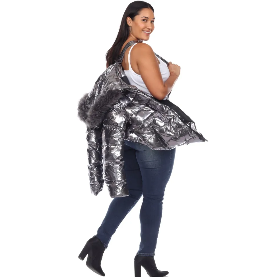 Metallic Puffer Coat with Hoodie - Plus