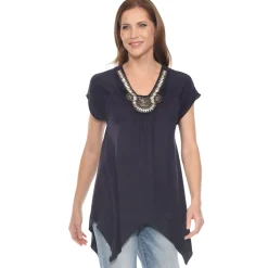Navy Beaded Angled Hem Knit Top