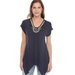 Navy Beaded Angled Hem Knit Top