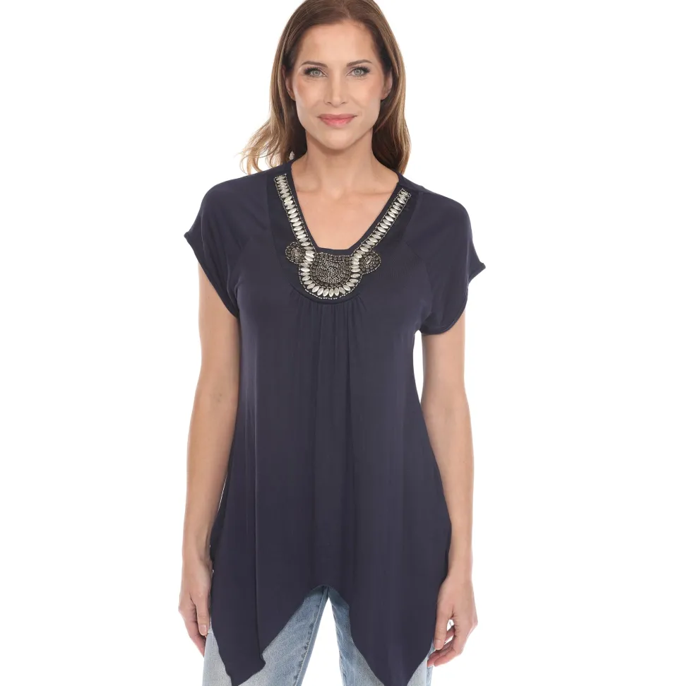 Navy Beaded Angled Hem Knit Top