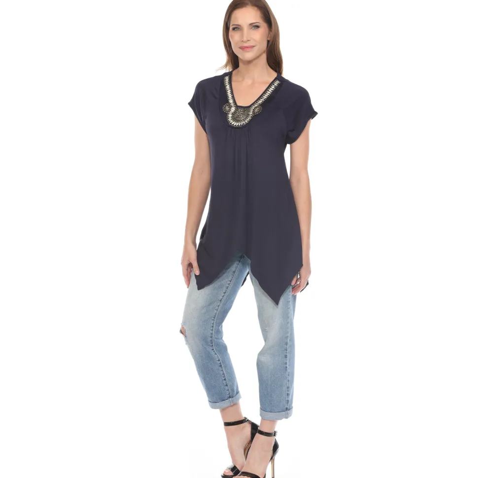 Navy Beaded Angled Hem Knit Top