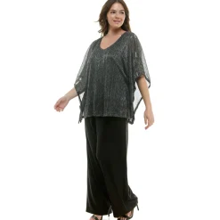 Novelty Trim Cold Shoulder Poncho Pant Set - Plus