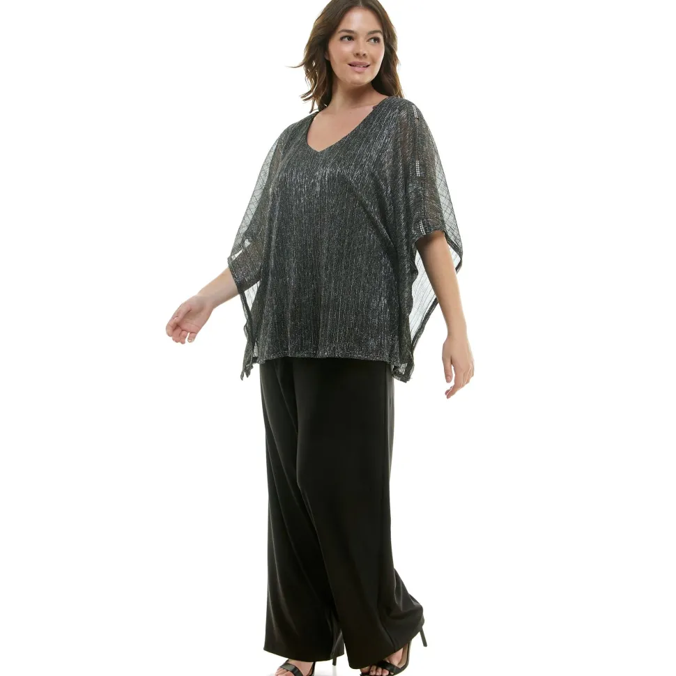Novelty Trim Cold Shoulder Poncho Pant Set - Plus