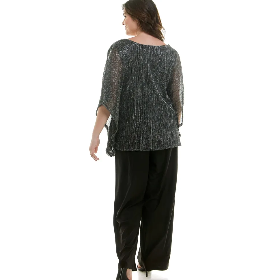 Novelty Trim Cold Shoulder Poncho Pant Set - Plus