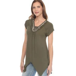 Olive Beaded Angled Hem Knit Top
