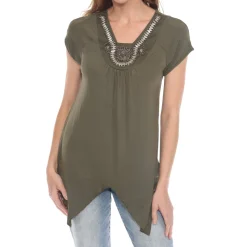 Olive Beaded Angled Hem Knit Top