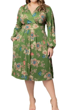 Olive Floral Print Diana Long Sleeve Midi Dress - Plus