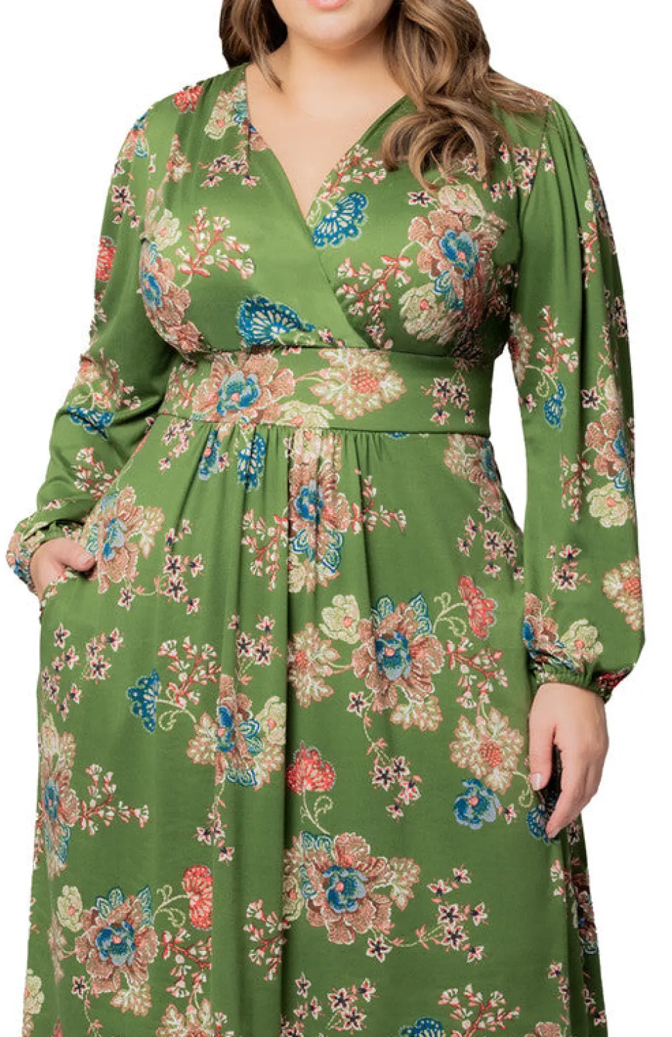 Olive Floral Print Diana Long Sleeve Midi Dress - Plus
