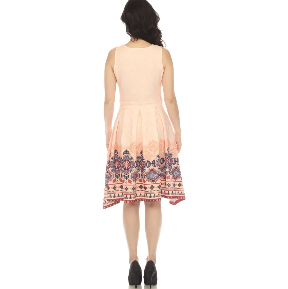 Orange Border Print Fit and Flare Knee Length Dress