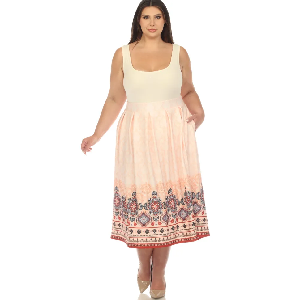 Orange Pleated Skirt with Border Prints - Plus