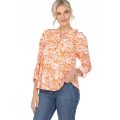 Pleated Long Sleeve Floral Print Blouse