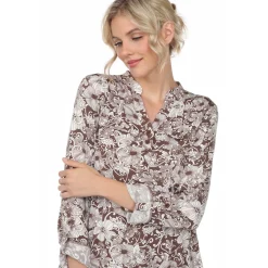 Pleated Long Sleeve Floral Print Blouse