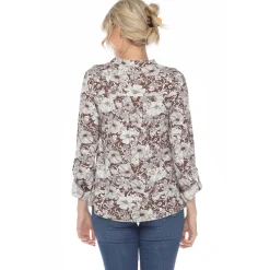 Pleated Long Sleeve Floral Print Blouse