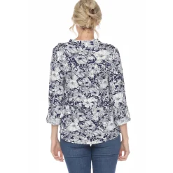 Pleated Long Sleeve Floral Print Blouse