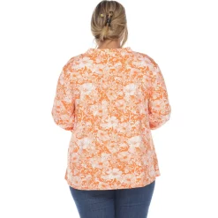 Pleated Long Sleeve Floral Print Blouse - Plus