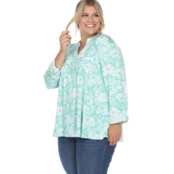 Pleated Long Sleeve Floral Print Blouse - Plus