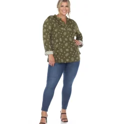Pleated Long Sleeve Leaf Print Blouse - Plus