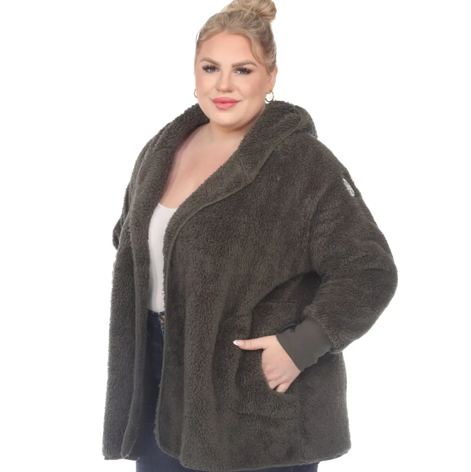 Plush Hooded Cardigan with Pockets - Plus