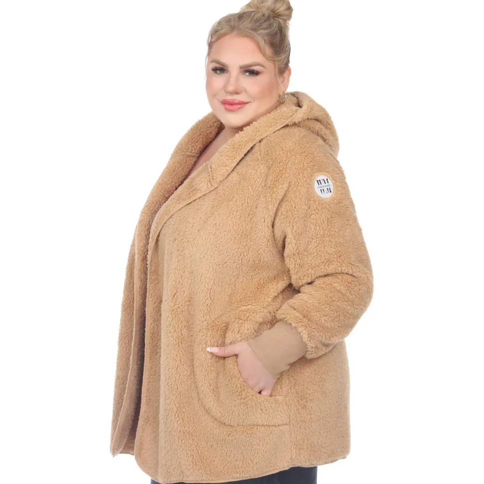 Plush Hooded Cardigan with Pockets - Plus