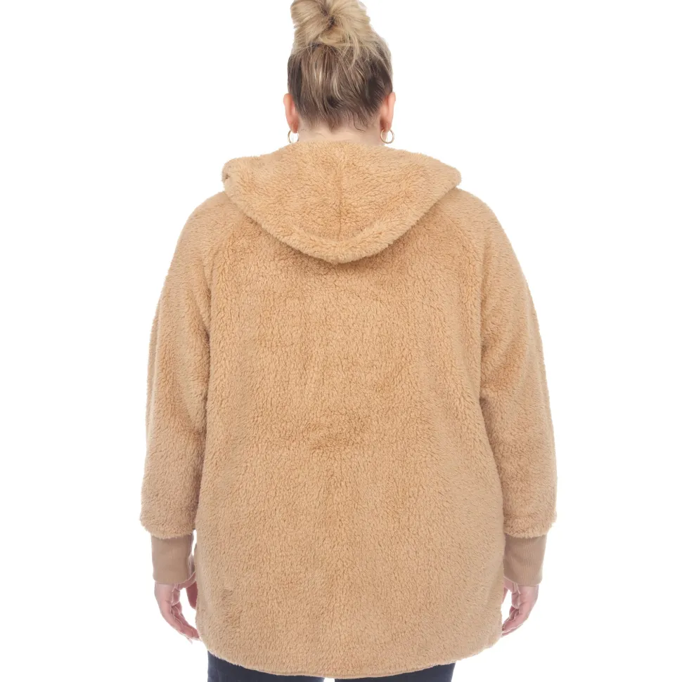 Plush Hooded Cardigan with Pockets - Plus