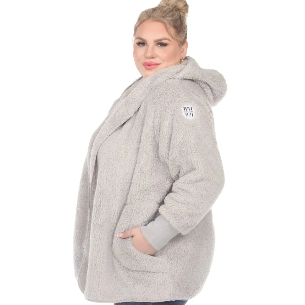 Plush Hooded Cardigan with Pockets - Plus