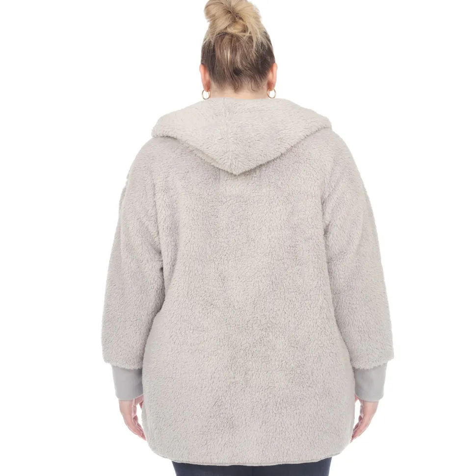 Plush Hooded Cardigan with Pockets - Plus