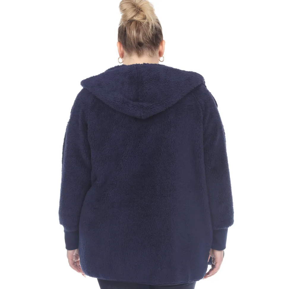 Plush Hooded Cardigan with Pockets - Plus