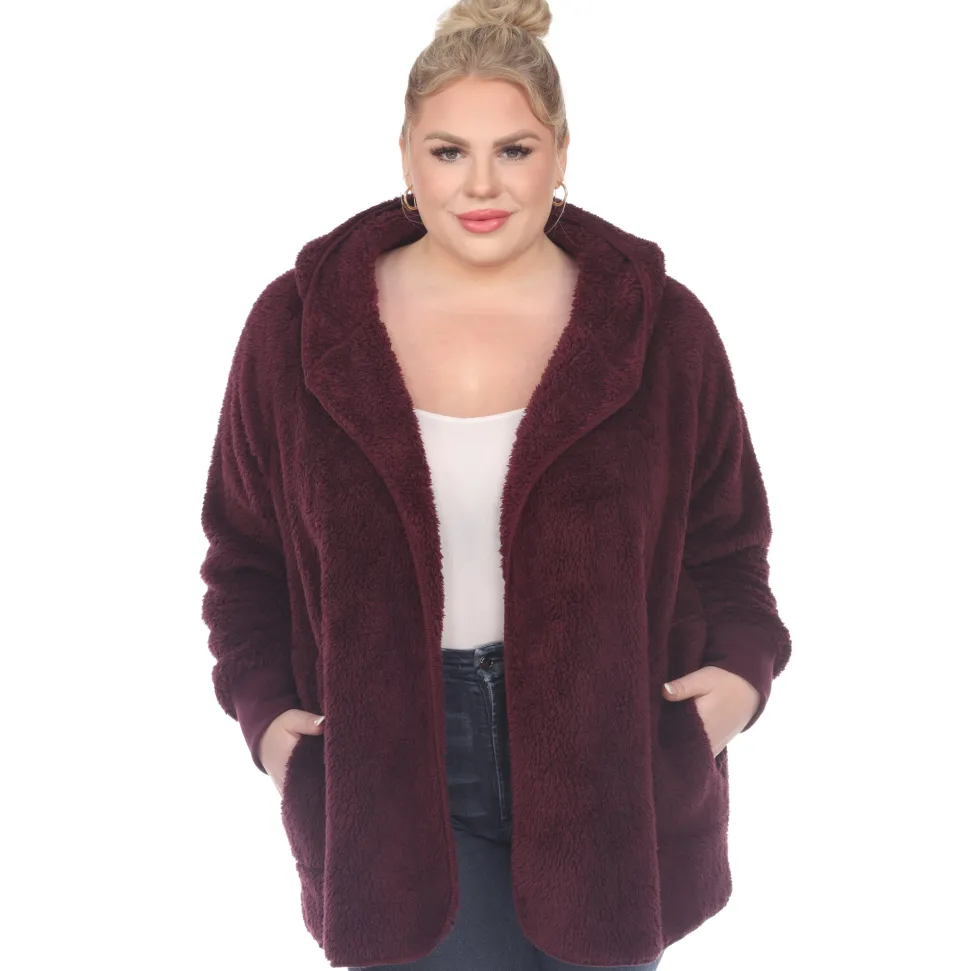 Plush Hooded Cardigan with Pockets - Plus