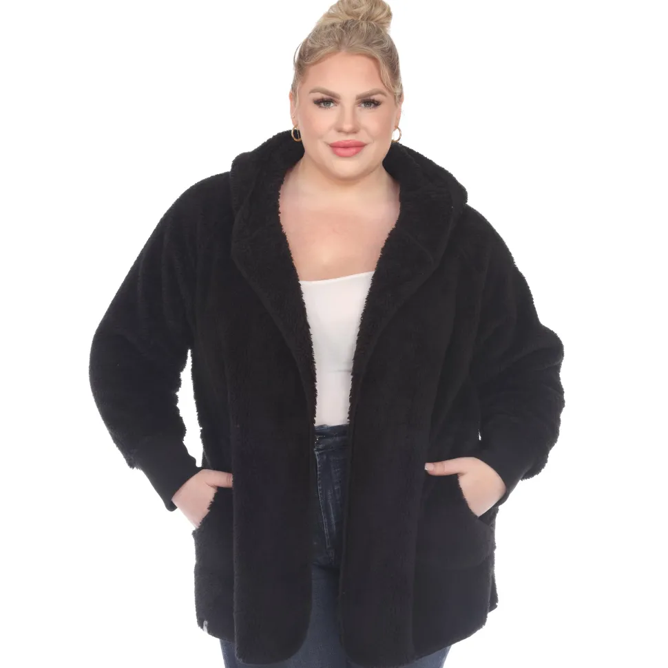 Plush Hooded Cardigan with Pockets - Plus